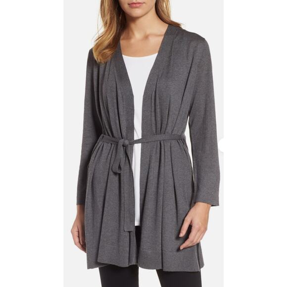 EILEEN FISHER NWT Belted Simple Cardi Sweater Ash Grey Cotton Silk Blend Cozy - Picture 1 of 8